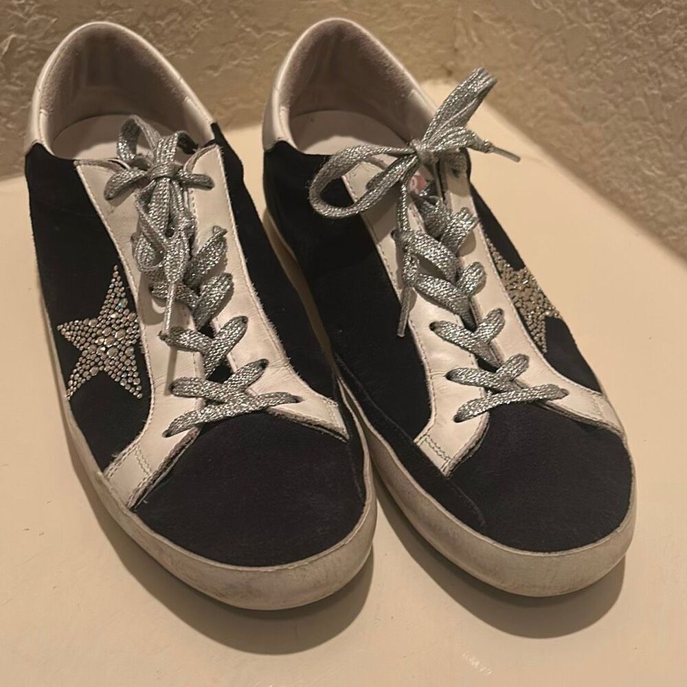 Golden Goose Superstar Sneakers White Black Suede Swarovski Crystal Star Sz 11